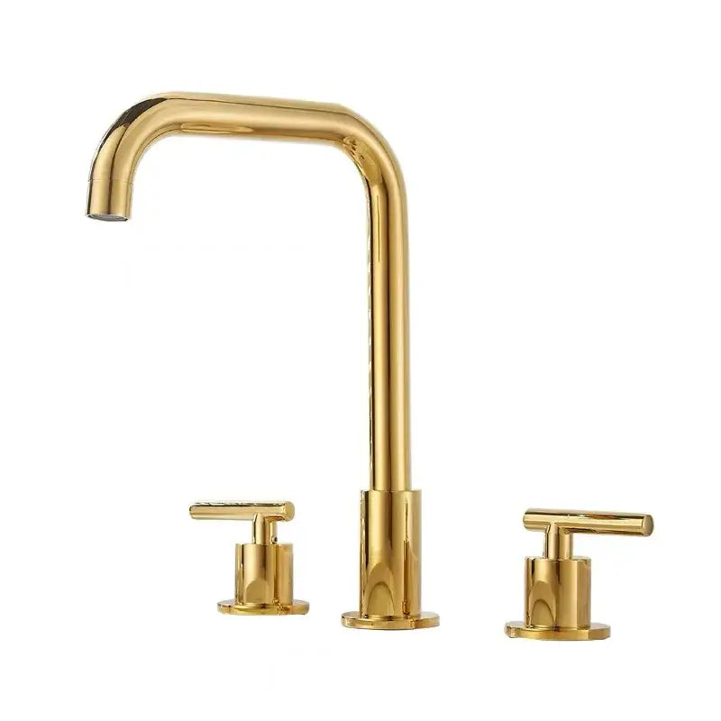 Modern gold and chrome brass basin faucet with three handles curved spout and minimalist crossbar decorbites brass basin faucet