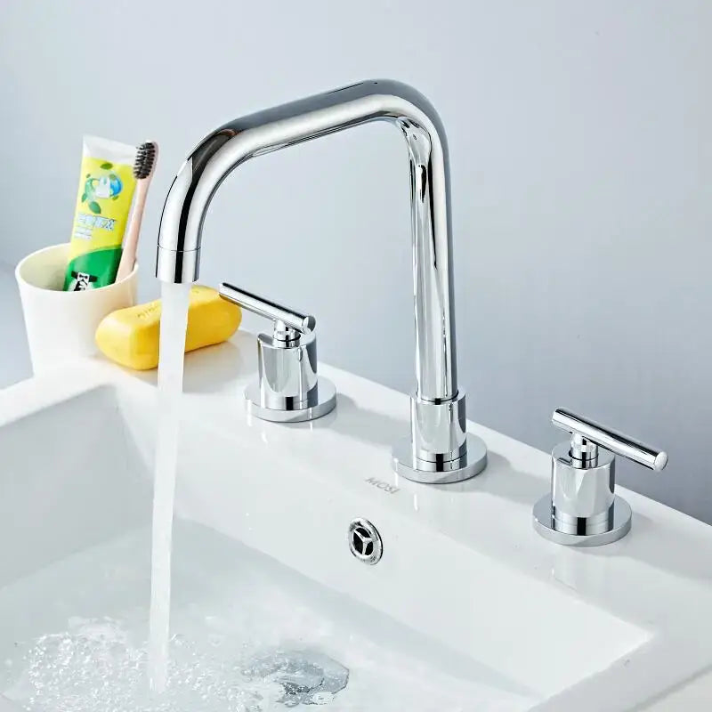 Modern gold and chrome brass basin faucet with chrome-finished three-handle design decorbites brass basin faucet