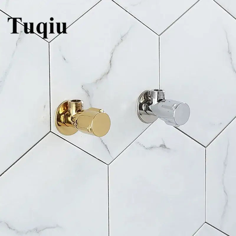 Two sleek modern wall-mounted bathroom faucets in gold and chrome brass triangle valve by decorbites brass triangle