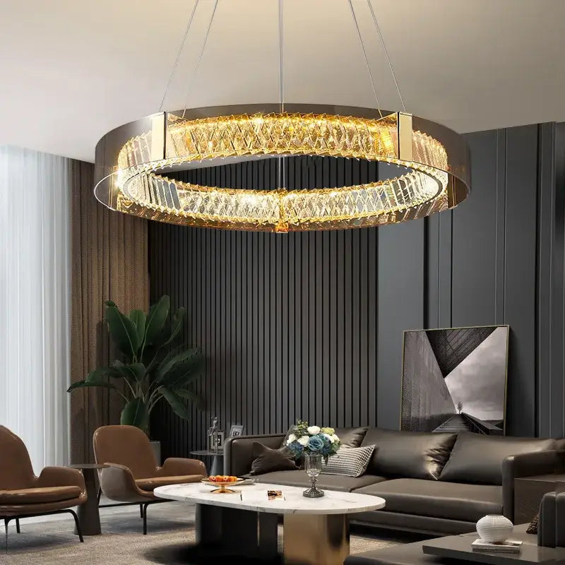 Modern gold tone crystal led ceiling lamp with double ring design for luxury living room decorbites crystal led lighting