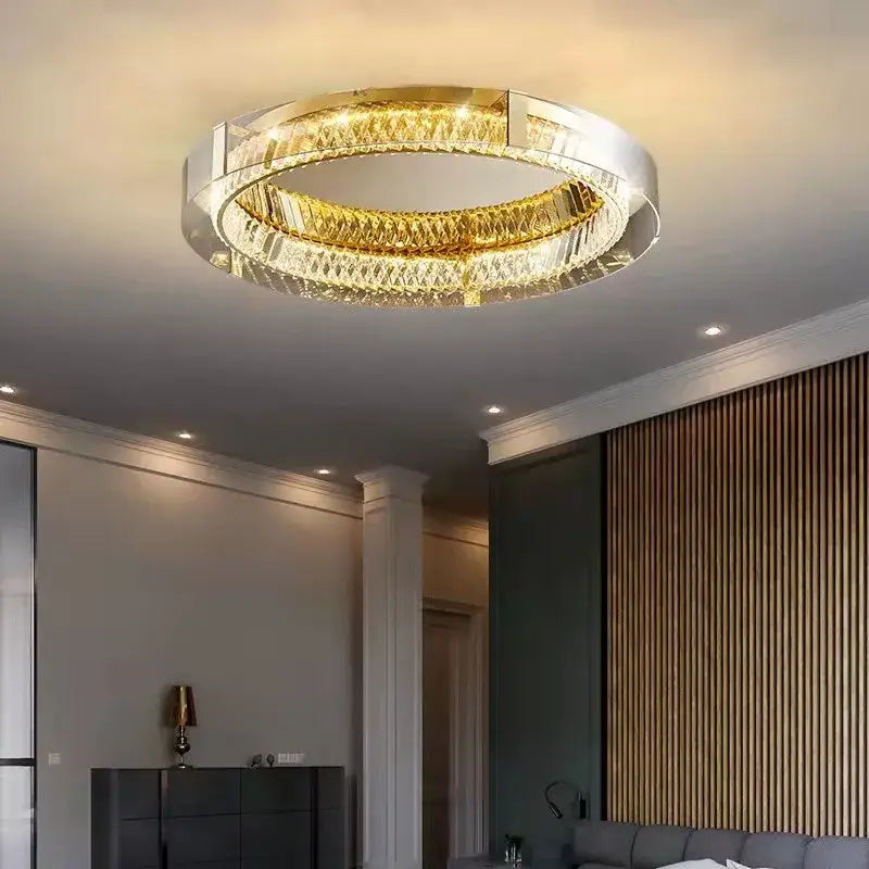 Modern gold and chrome crystal led ceiling lamp with faceted crystals in a polished metallic frame for luxury decorbites decor