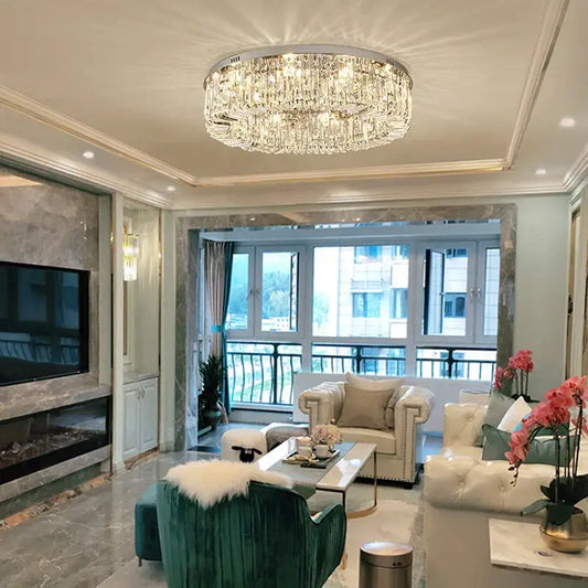 Modern gold and chrome crystal led ceiling lights featuring a circular chandelier with faceted crystals for decorbites crystal led ceiling decor