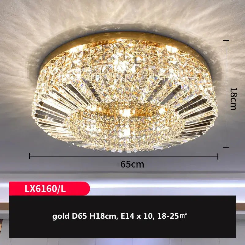 Modern gold and chrome crystal led ceiling lights featuring a gold-finished circular chandelier with faceted glass tiers