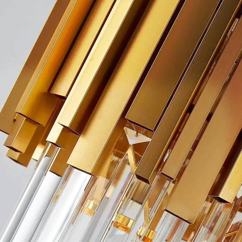 Modern gold and chrome crystal pendant chandelier with golden rods and clear glass tubes for dining room decorbites crystal pendant