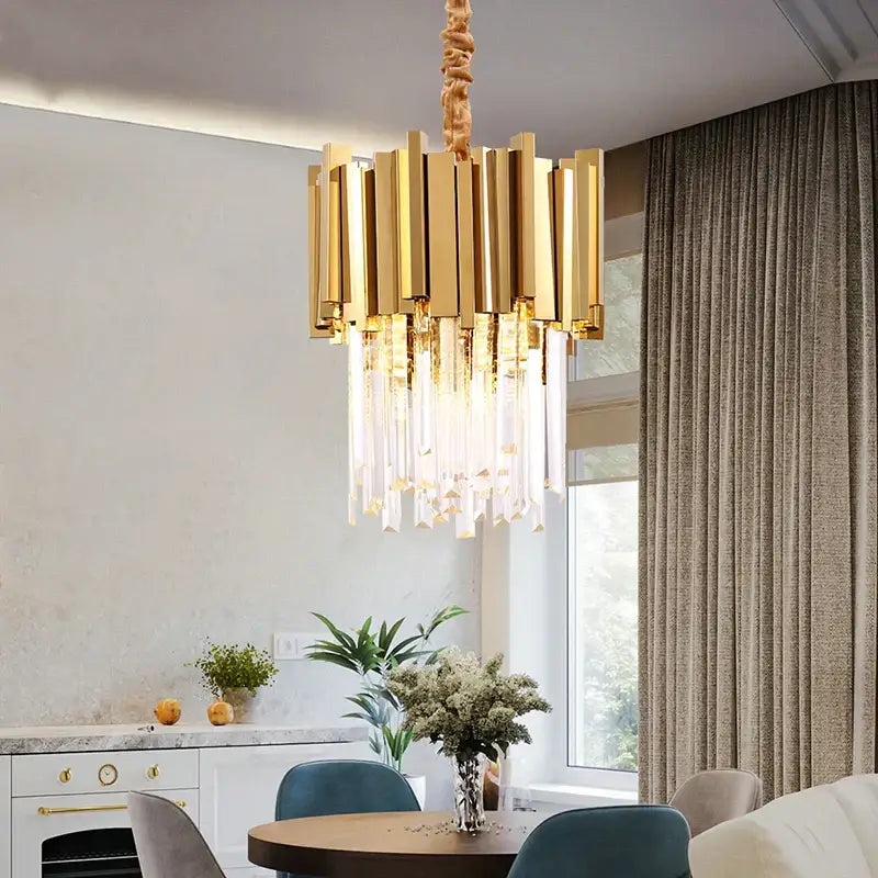 Modern gold and chrome crystal pendant chandelier with vertical brass bars for dining room decorbites crystal pendant