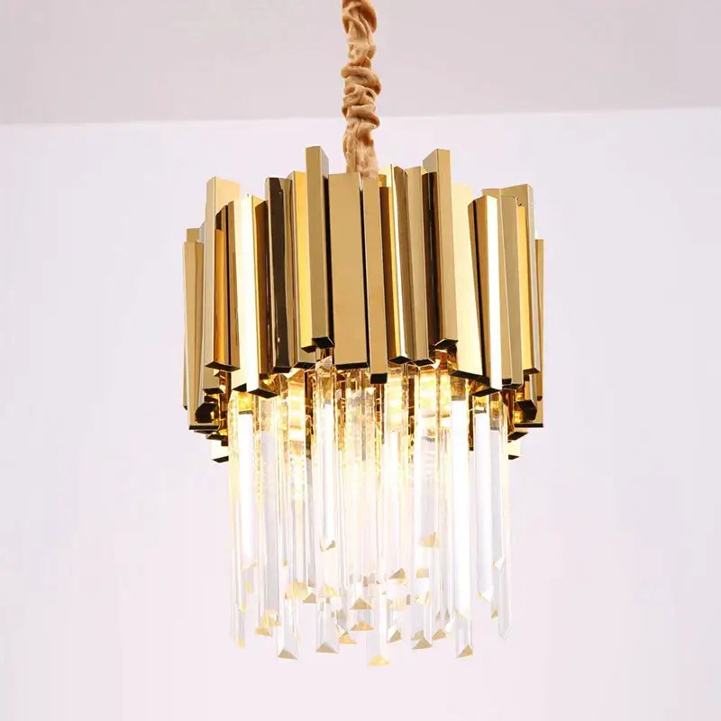 Modern gold and chrome crystal pendant chandelier with vertical metallic bars and dangling prisms for dining room decorbites crystal pendant