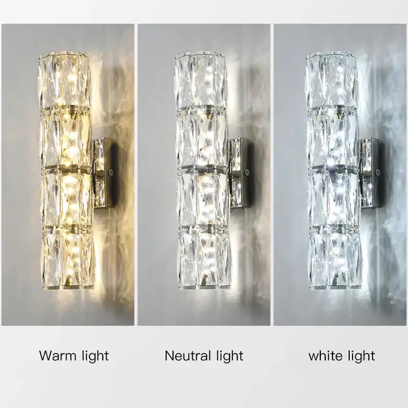 Modern gold and chrome crystal wall lamp with three stacked cylindrical segments for warm white light decorbites crystal wall