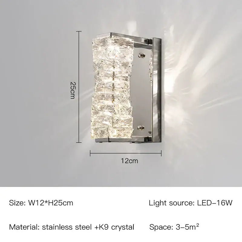 Modern gold and chrome crystal wall lamp with stacked clear k9 crystal segments in a stainless steel frame for bedroom decorbites crystal wall use