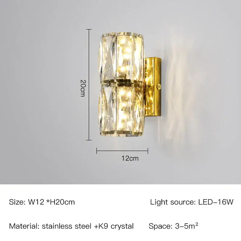 Modern gold and chrome crystal wall lamp featuring two stacked faceted k9 crystal cylinders in brushed gold frame