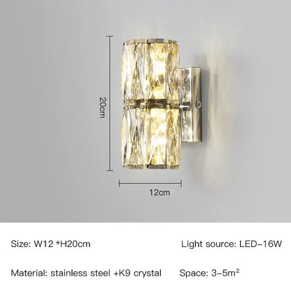 Modern gold and chrome crystal wall lamp featuring two stacked k9 crystal sections with stainless steel bracket for bedroom decorbites crystal wall sconce
