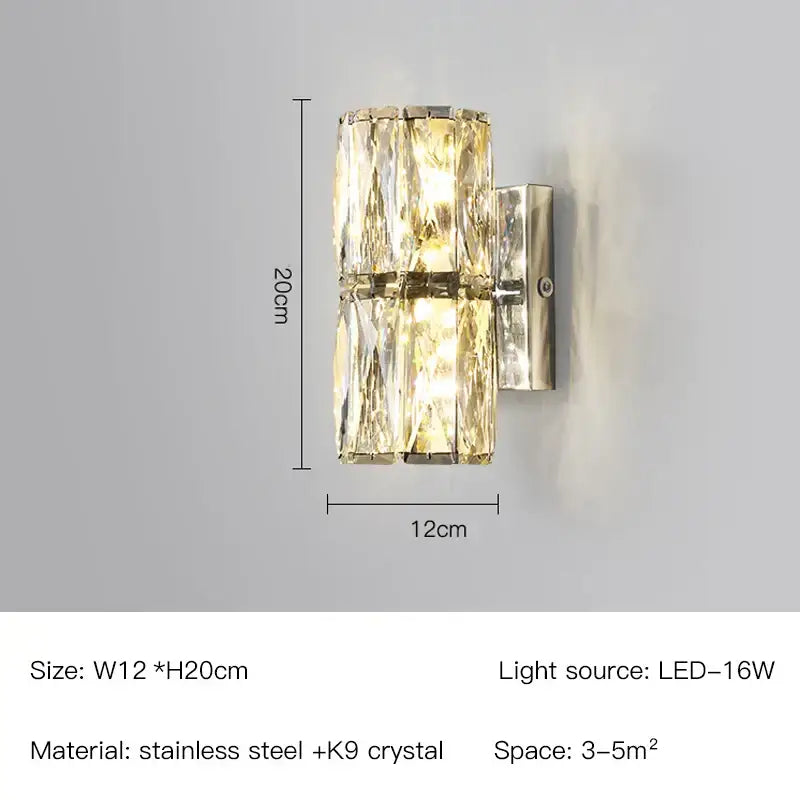 Modern gold and chrome crystal wall lamp featuring two stacked k9 crystal sections with stainless steel bracket for bedroom decorbites crystal wall sconce