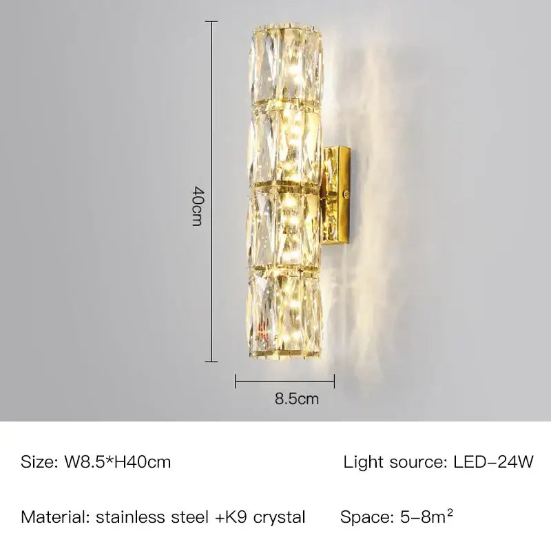 Elegant modern gold and chrome crystal wall lamp with faceted k9 crystal segments on stainless steel base decorbites crystal wall