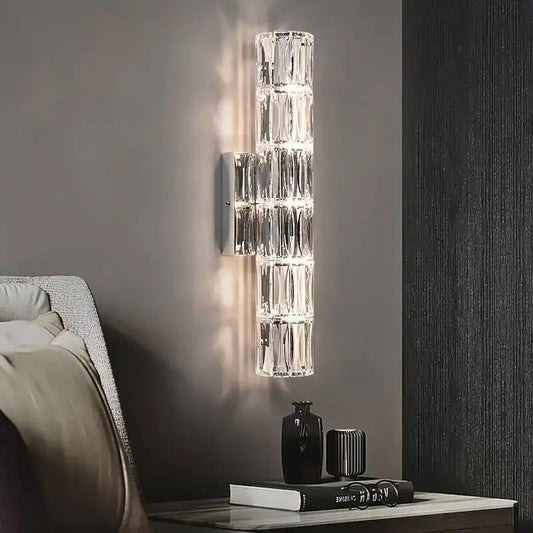 Modern gold and chrome crystal wall lamp with clear faceted geometric crystal design for bedroom decorbites crystal wall