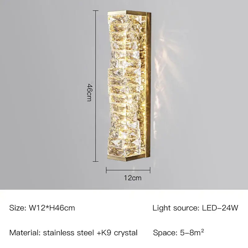 Modern gold and chrome crystal wall lamp with vertical k9 crystals set in stainless steel for bedroom decorbites crystal wall sconce