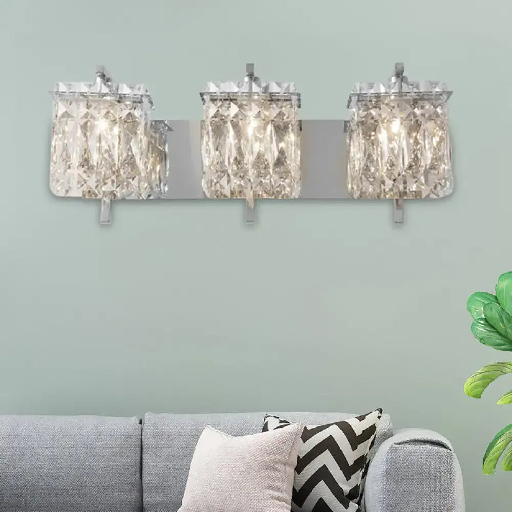 Three-light crystal wall light with faceted clear glass shades and sleek chrome finish for e12 e14 fixtures