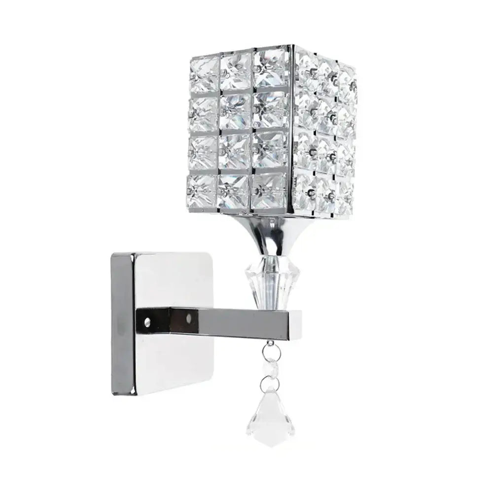 Modern gold and chrome crystal wall sconce with square crystal grid and dangling clear teardrop for bedroom decorbites crystal wall