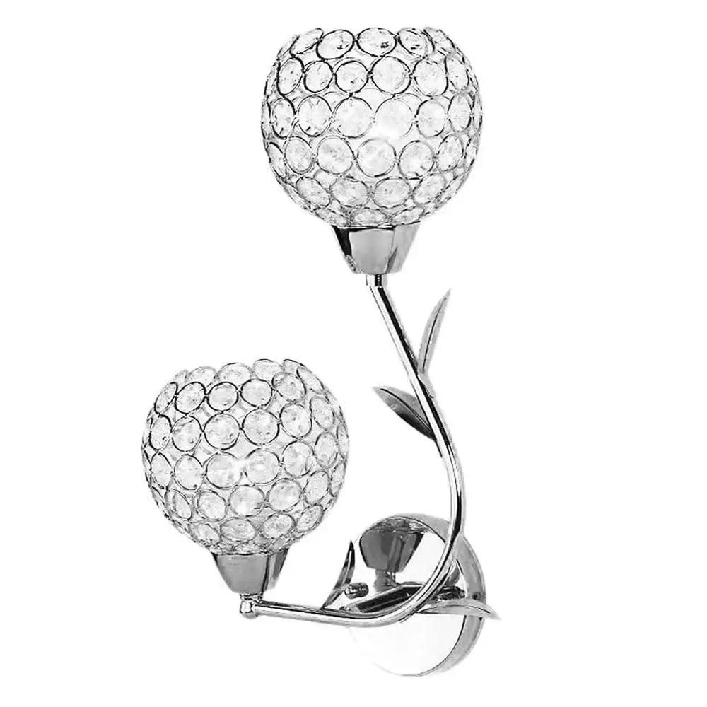 Modern gold and chrome crystal wall sconce with two spherical globes in floral design for bedroom decorbites crystal wall