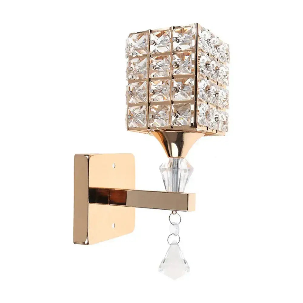 Modern gold and chrome crystal wall sconce featuring a square crystal grid and teardrop crystals for bedroom decorbites crystal wall decor