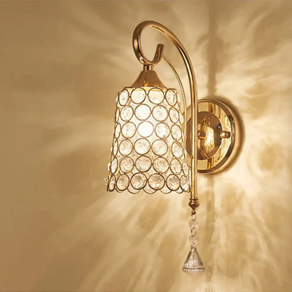 Modern gold and chrome wall sconce with cylindrical crystal shade and teardrop pendant for decorbites crystal wall lighting