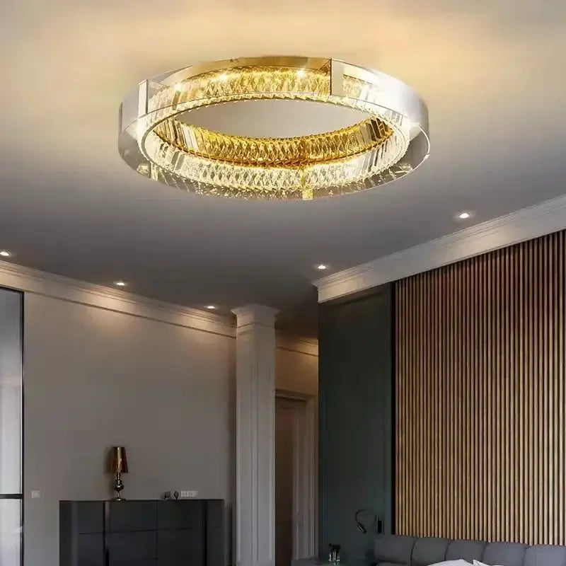 Modern gold and chrome elegant crystal led ceiling light with faceted crystals in polished chrome for living room decorbites