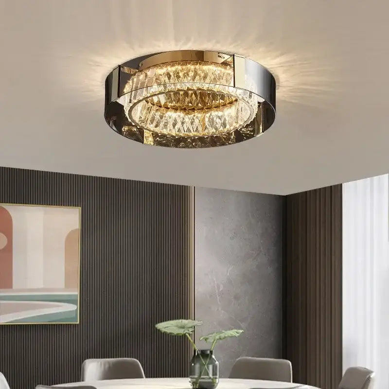 Modern gold and chrome ceiling light with tiers of faceted crystals for decorbites elegant crystal led lighting