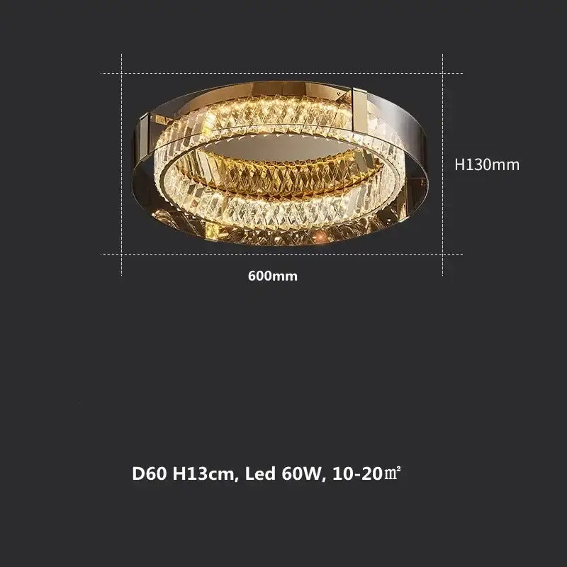 Modern gold and chrome ceiling light with two concentric rings of faceted crystal decorbites elegant crystal led design