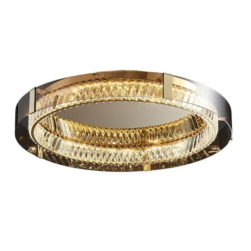 Modern gold and chrome double-ring ceiling light with faceted crystal accents for decorbites elegant crystal led lighting