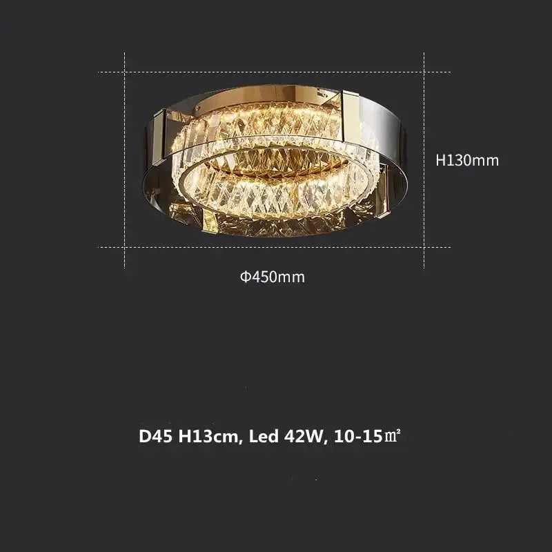 Modern gold and chrome elegant crystal led ceiling light with gold-toned circular frame and faceted crystal rings by decorbites