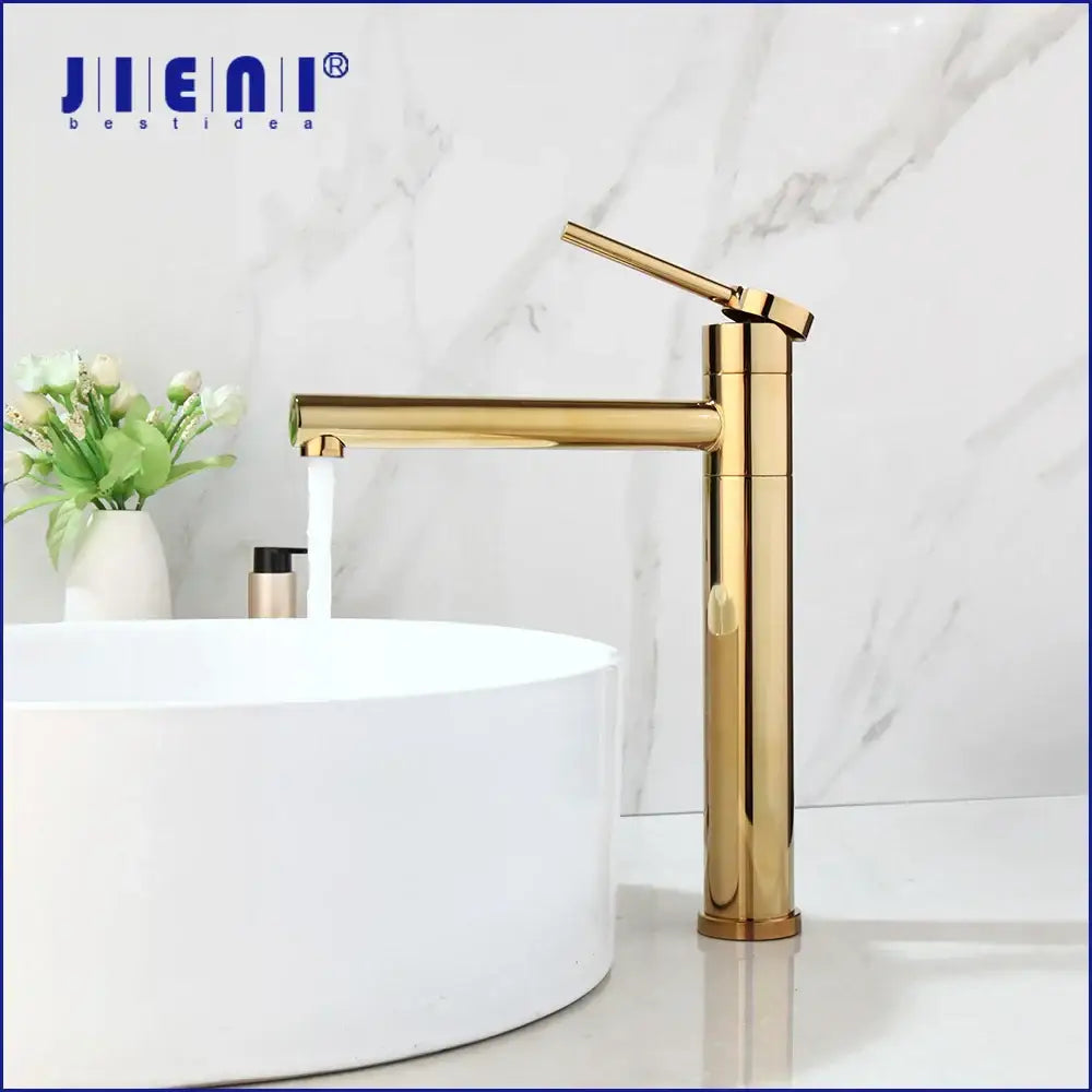 Modern gold plated basin faucet single handle with sleek cylindrical design for bathroom decorbites gold plated mixer