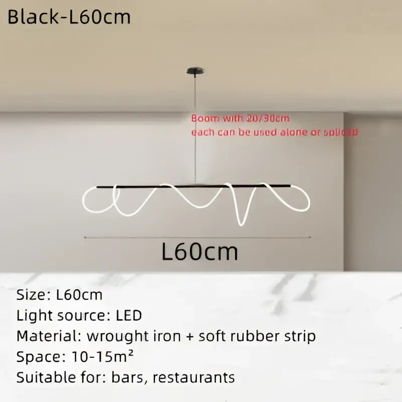 Black led pendant light with wavy wrought iron and rubber strip design for modern decorbites circle note linear use