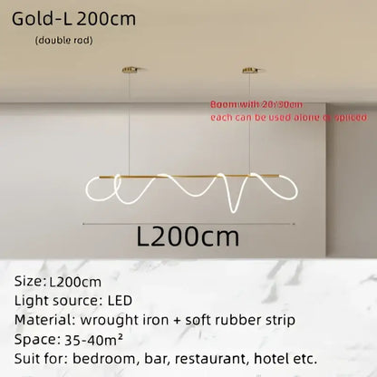 Modern gold circle note linear light pendant lamp with sleek wavy gold wrought iron and rubber strip decorbites circle note