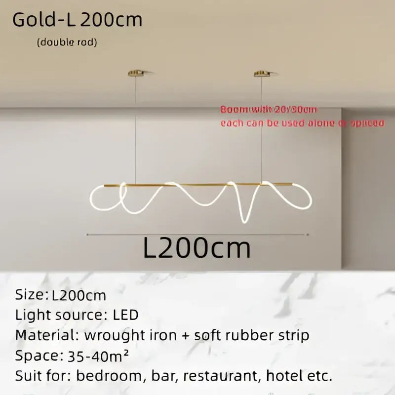 Modern gold circle note linear light pendant lamp with sleek wavy gold wrought iron and rubber strip decorbites circle note