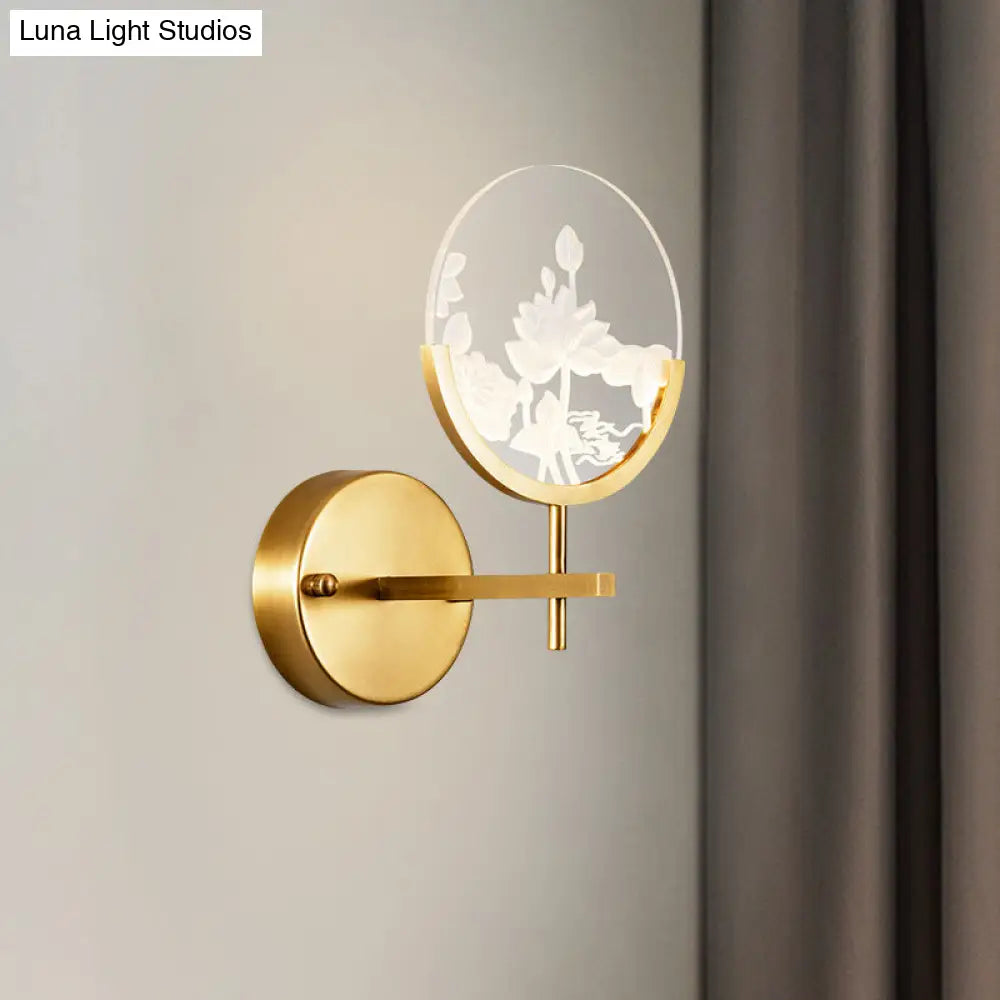 DecorBites™ DecorBites™ Modern Gold Circle Panel LED Wall Sconce with Lotus Pattern in White/Warm Light