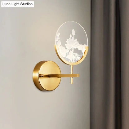 DecorBites™ DecorBites™ Modern Gold Circle Panel LED Wall Sconce with Lotus Pattern in White/Warm Light