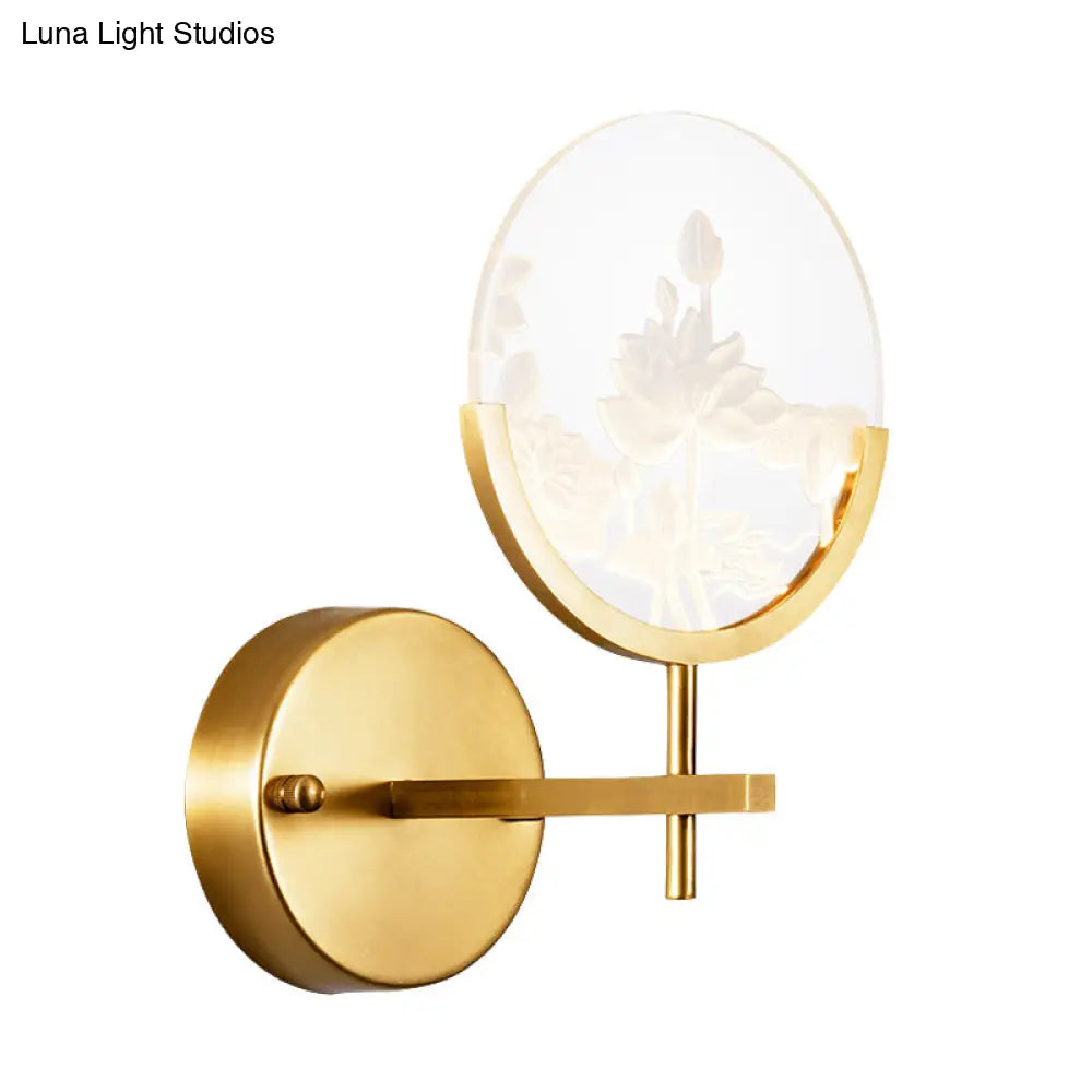 DecorBites™ DecorBites™ Modern Gold Circle Panel LED Wall Sconce with Lotus Pattern in White/Warm Light