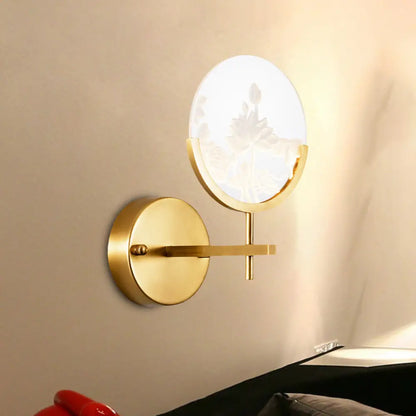 DecorBites™ DecorBites™ Modern Gold Circle Panel LED Wall Sconce with Lotus Pattern in White/Warm Light