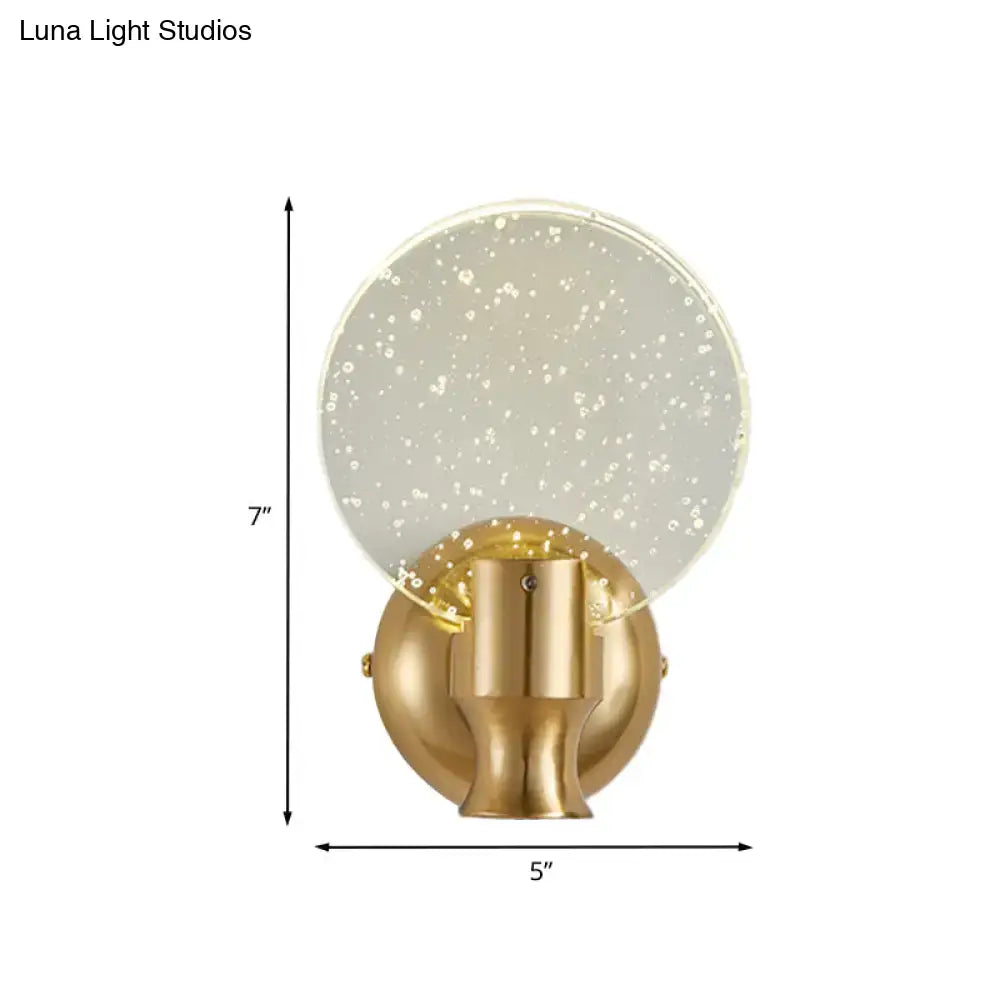 Modern gold circle panel wall light with direct wired electric installation and bubble crystal translucent glass shade