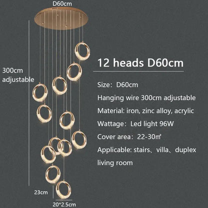 Modern gold circle ring LED chandelier with 12 hanging rings made of iron, zinc alloy, and acrylic for living room decorbites circle ring