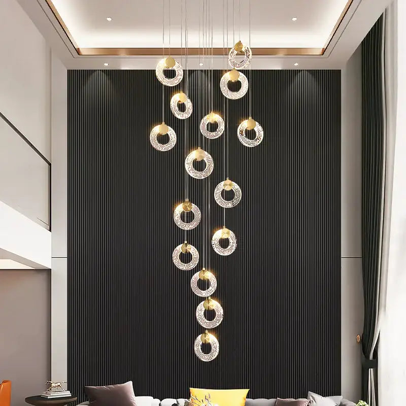 Modern gold circular crystal led chandelier with cascading crystal rings and warm glow for living room decorbites circular crystal
