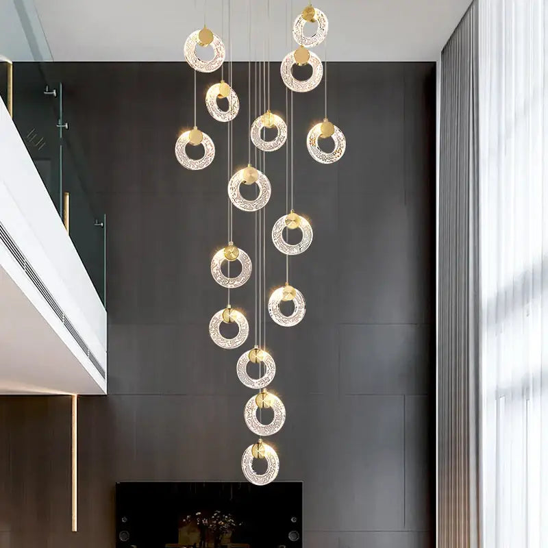 Modern gold circular crystal led chandelier with clear etched glass rings and gold fixtures for living room decorbites circular crystal