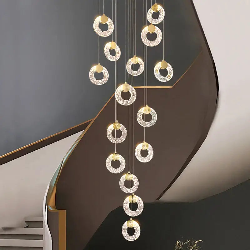 Modern gold circular crystal led chandelier with clear crystal-like rings and gold accents for living room decorbites circular crystal
