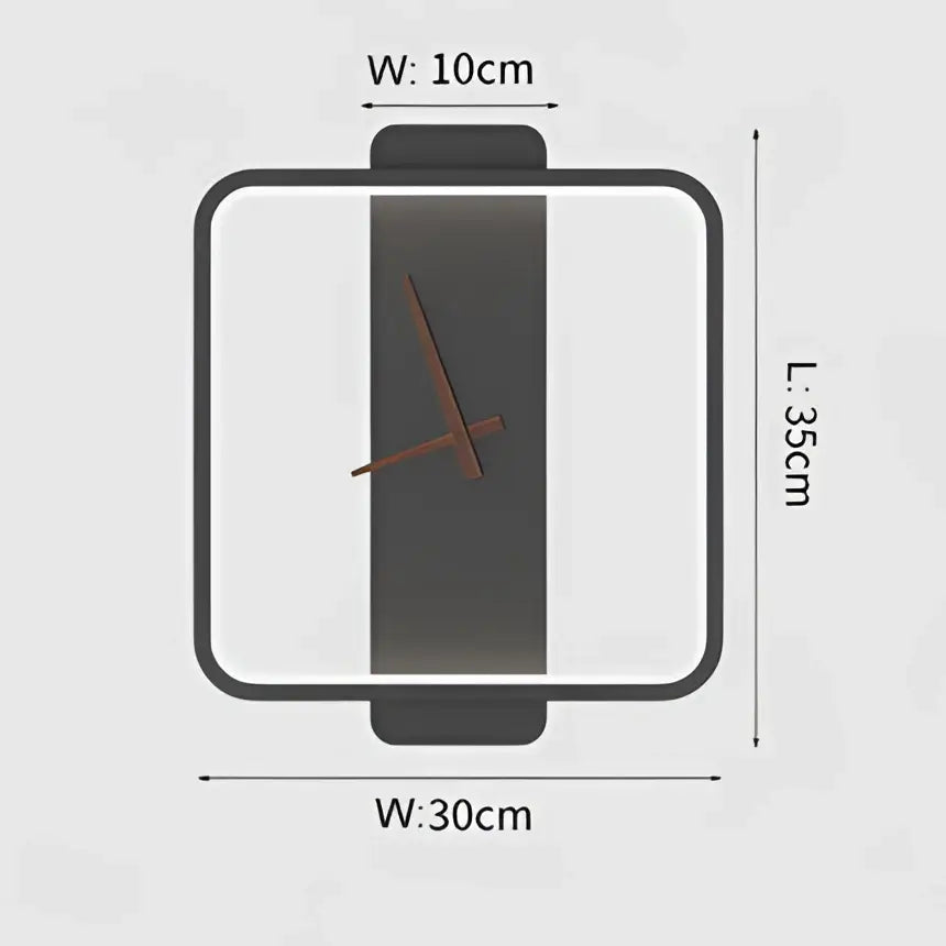 Black rectangular wall clock with minimalist design and wooden hands paired with modern gold led wall lamp wall backlight