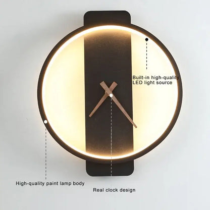 Modern gold circular led wall lamp wall clock with black cream face minimalist wooden hands and illuminated led ring