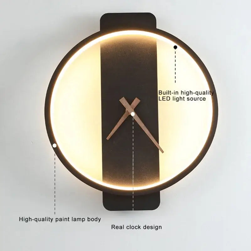 Modern gold circular led wall lamp wall clock with black cream face minimalist wooden hands and illuminated led ring
