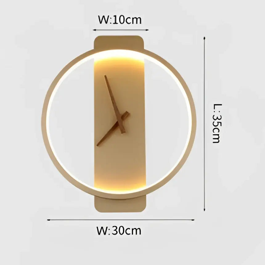 Modern gold circular led wall lamp wall clock with illuminated face and slender wooden hands for bedroom backlight