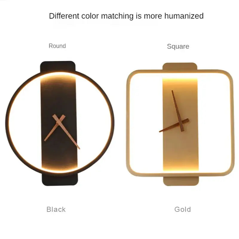 Modern gold circular led wall lamp wall clock with illuminated frame and dark hands in minimalist black and gold designs
