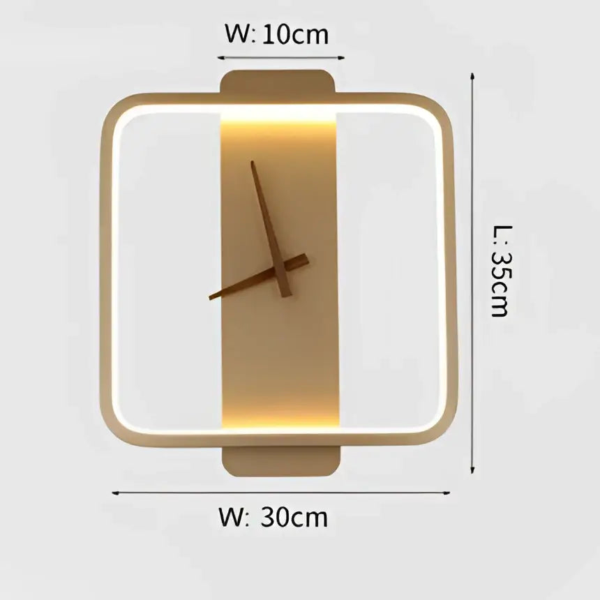 Modern gold circular led wall lamp wall clock with gold-toned frame, glowing led strip, and minimalist brown hands on white face