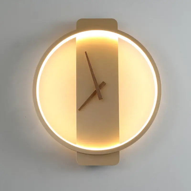 Modern gold circular led wall lamp wall clock with warm led ring and minimalist wooden hands and frame
