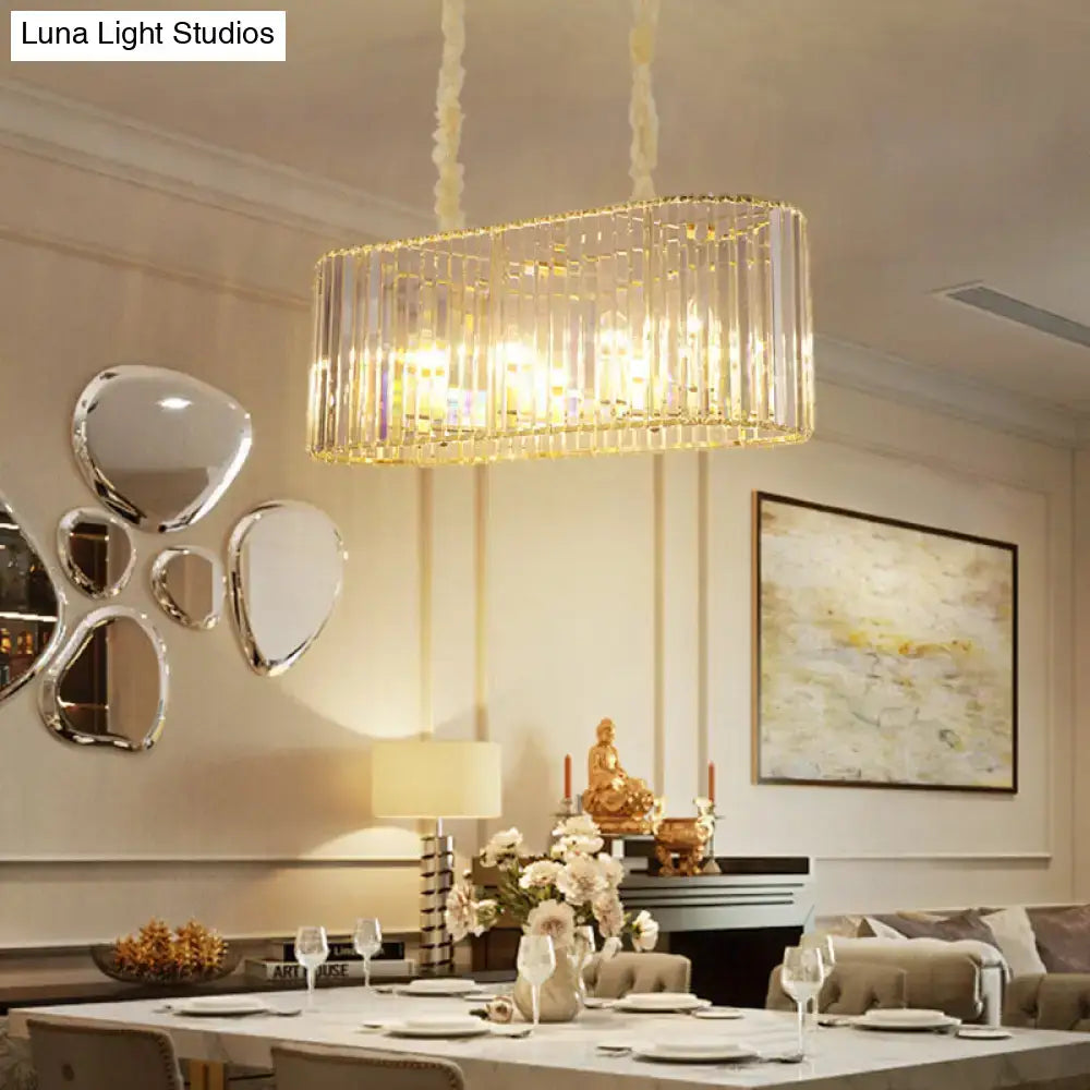 Modern gold clear crystal dining room chandelier with rectangular design vertical crystal rods and woven fabric suspension