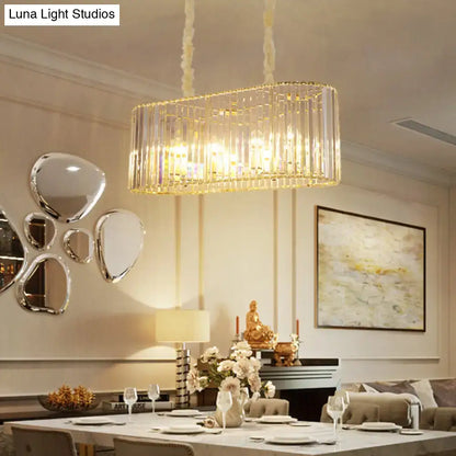 Modern gold clear crystal dining room chandelier with rectangular design vertical crystal rods and woven fabric suspension